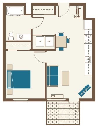 A floor plan of a house with a kitchen, living room, and two bedrooms.